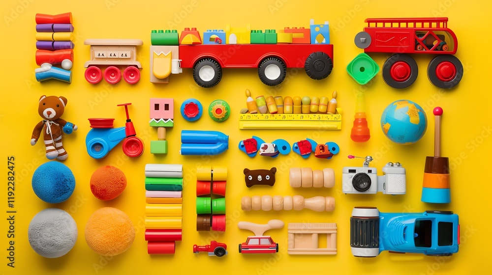 Fototapeta premium A flat lay of colorful children's toys on a yellow background.