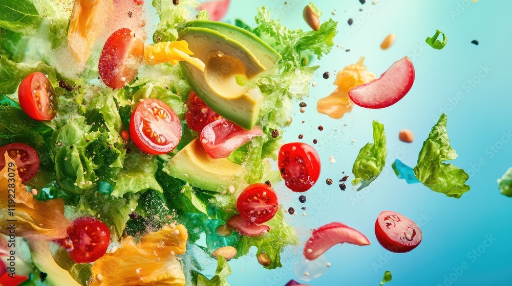 A colorful salad with crisp romaine, avocado slices, and cherry tomatoes, styled for fresh and healthy advertising A colorful salad with crisp romaine, avocado slices, and cherry tomatoes, styled for fresh and healthy advertising