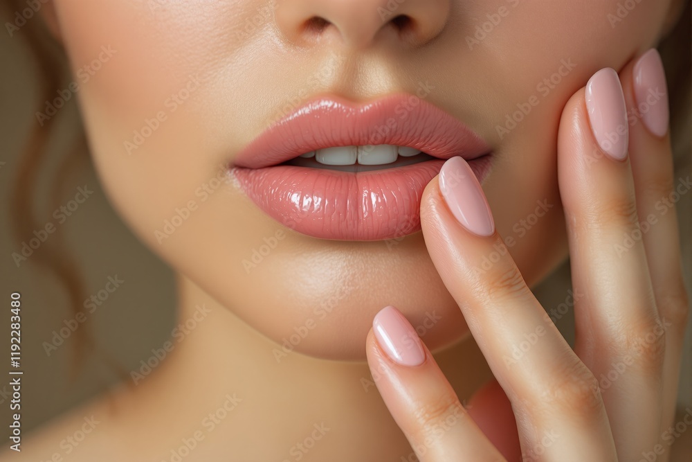 Close-up of glossy pink lips with soft skin and manicured fingers on a neutral background. Concept of beauty, cosmetics, and skincare. Ai generative Close-up of glossy pink lips with soft skin and manicured fingers on a neutral background. Concept of beauty, cosmetics, and skincare. Ai generative
