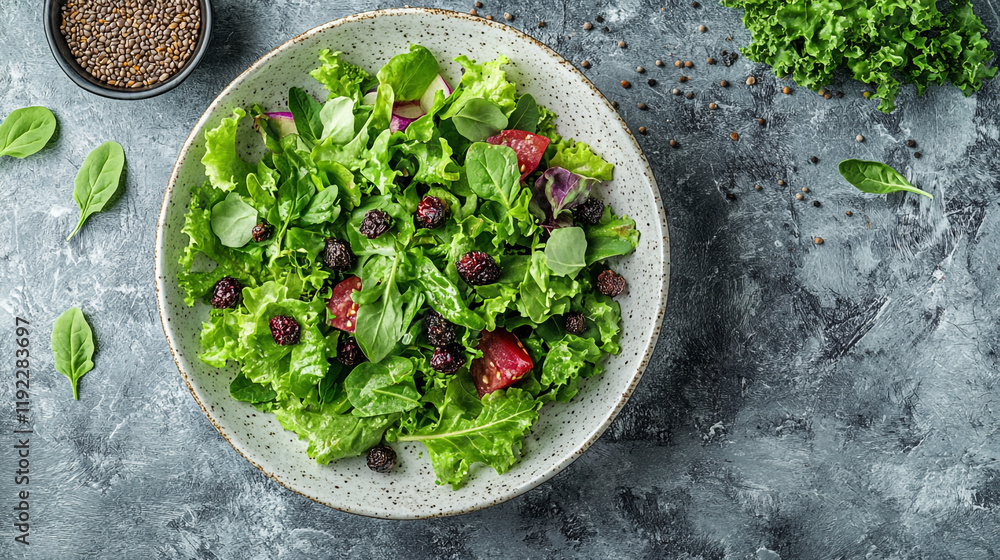 Fresh green salad with fruits and seeds served in a textured bowl Fresh green salad with fruits and seeds served in a textured bowl