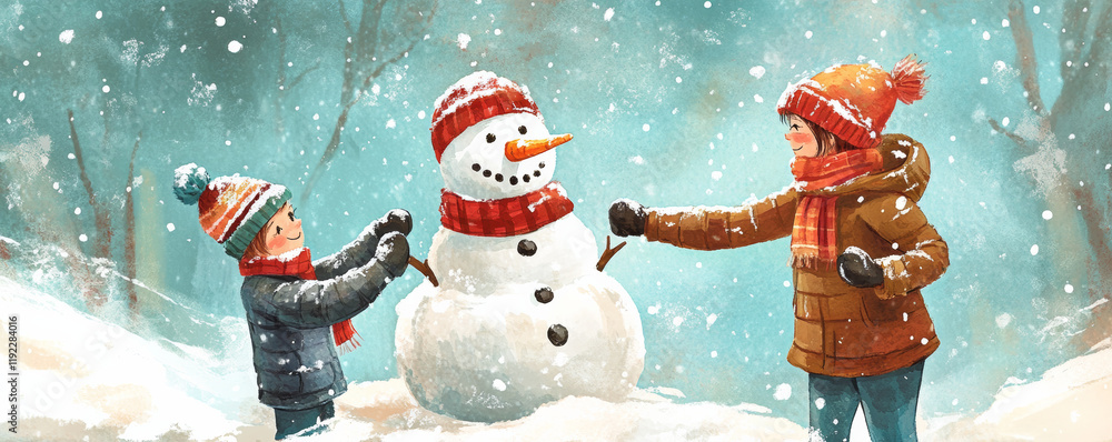 Building snowman together, parent and child enjoy snowy day, wearing warm scarves and hats, surrounded by winter wonderland