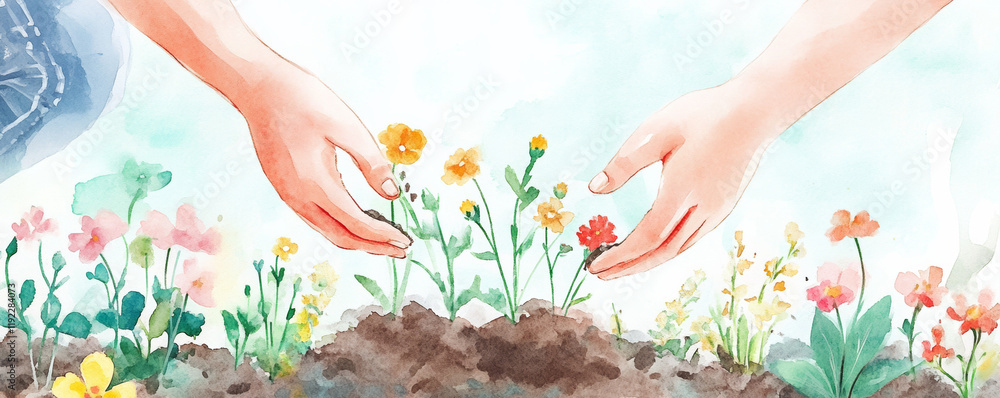 Two hands planting flowers in garden, showcasing teamwork and care for nature. vibrant colors of flowers create joyful atmosphere