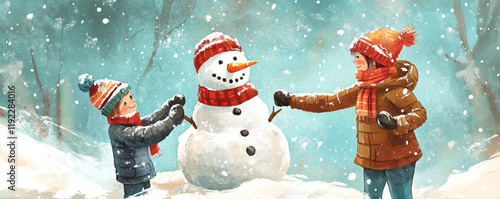 Obraz na płótnie Building snowman together, parent and child enjoy snowy day, wearing warm scarves and hats, surrounded by winter wonderland w salonie
