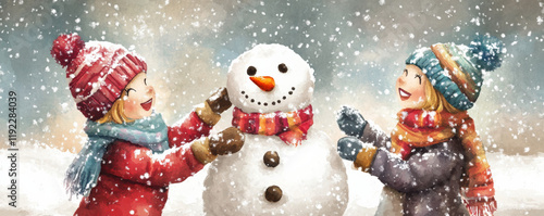 Building snowman in winter with kids wearing colorful scarves and hats, surrounded by falling snowflakes, creates joyful and festive atmosphere