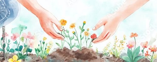 Obraz na płótnie Two hands planting flowers in garden, showcasing teamwork and care for nature. vibrant colors of flowers create joyful atmosphere w salonie