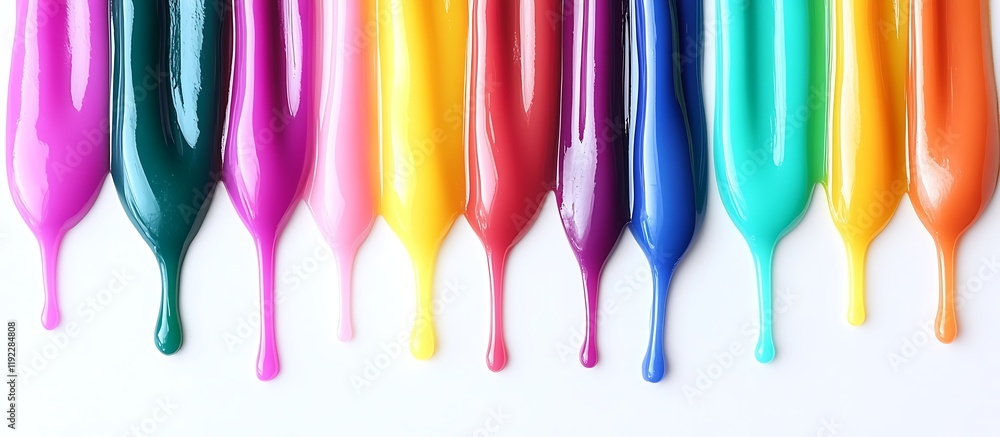 Front view of vivid wax drips in various colors, isolated on white background, highlighting the smooth, flowing patterns and shine. Front view of vivid wax drips in various colors, isolated on white background, highlighting the smooth, flowing patterns and shine.