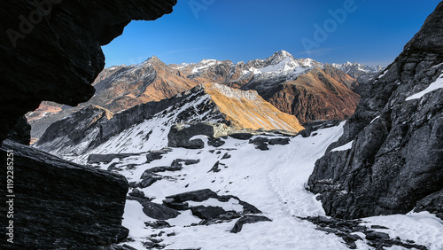 Among the rocks of the Central Alps, wonderful view on Valchiavenna, Lombardy photo