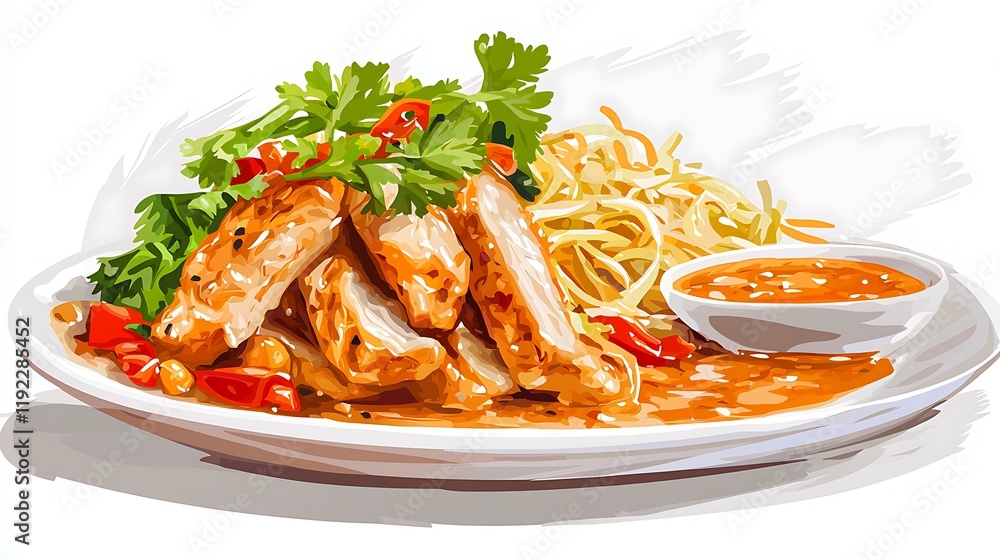 Delicious Grilled Chicken with Noodles, Vegetables, and Spicy Sauce on a White Plate. Delicious Grilled Chicken with Noodles, Vegetables, and Spicy Sauce on a White Plate.