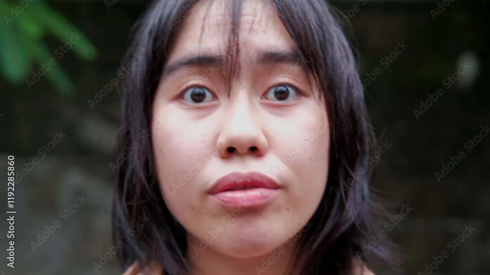 Close-up artistic portrait of a pretty, black-haired Asian girl posing and looking at the camera. Close-up artistic portrait of a pretty, black-haired Asian girl posing and looking at the camera.