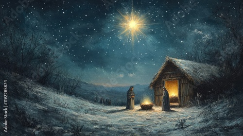 Wallpaper Mural Starry Night Nativity Banner: Wooden Stable and the Birth of Jesus Christ Torontodigital.ca