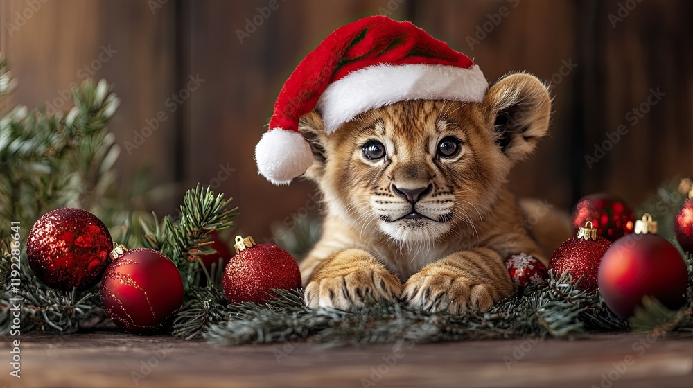 A Cute Lion Cub Wearing a Santa Hat Surrounded by Festive Decorations and Ornaments, Capturing the Joy and Spirit of the Holidays in a Playful and Whimsical Seasonal Setting. A Cute Lion Cub Wearing a Santa Hat Surrounded by Festive Decorations and Ornaments, Capturing the Joy and Spirit of the Holidays in a Playful and Whimsical Seasonal Setting.