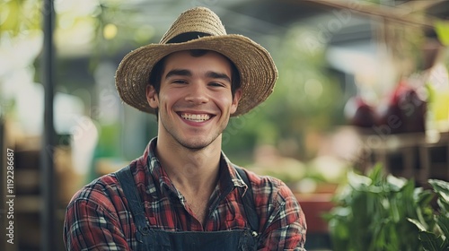 Happy farmer at market, selling produce photo