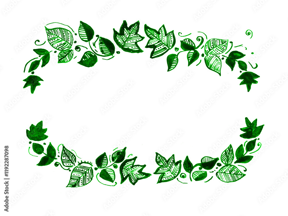 Frame, framing of leaves. White background and copy space. Leaves of different shapes and sizes, filled with decor. Lines, dots, ornament or fill. Green color. Doodle. Dots, swirls around. Isolated. Frame, framing of leaves. White background and copy space. Leaves of different shapes and sizes, filled with decor. Lines, dots, ornament or fill. Green color. Doodle. Dots, swirls around. Isolated.