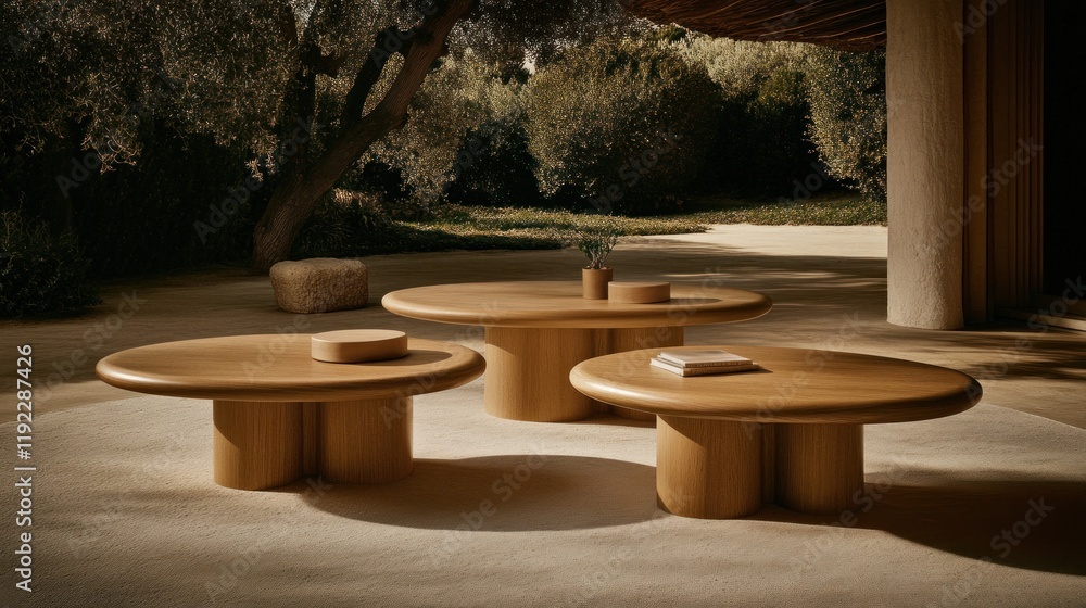 Fototapeta premium Three light brown oval coffee tables of varying sizes on a light beige surface, outdoors under olive trees.