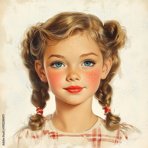 retro illustration of young girl with pigtail braids and blue eyes in plaid dress