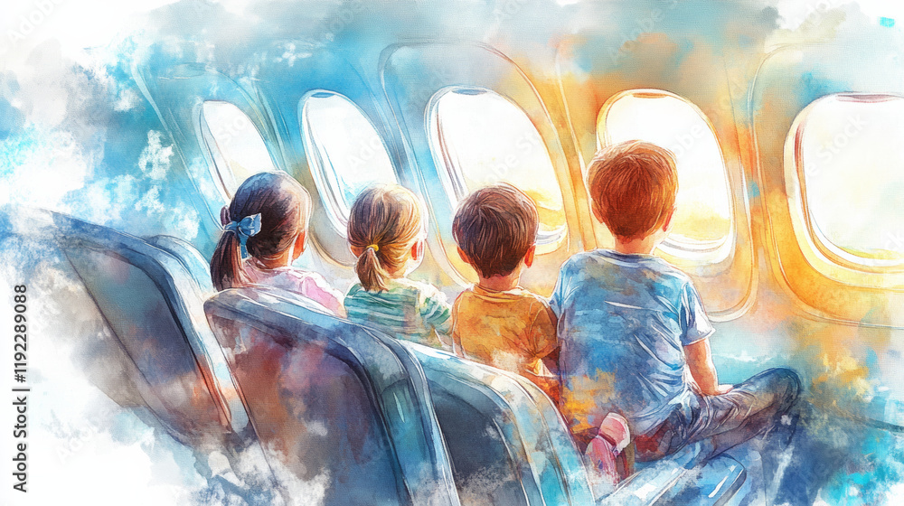 Children sitting together on airplane, gazing out window, filled with wonder and excitement as they watch clouds and sky pass by