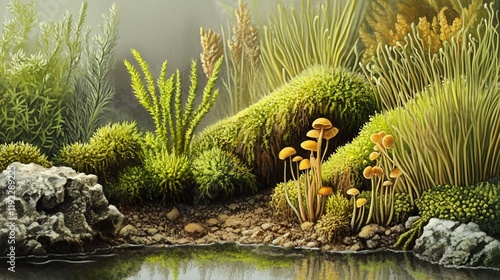 Depiction of nonvascular plants like mosses liverworts thriving in moist shaded habitats highlighting their unique waterretention adaptations photo