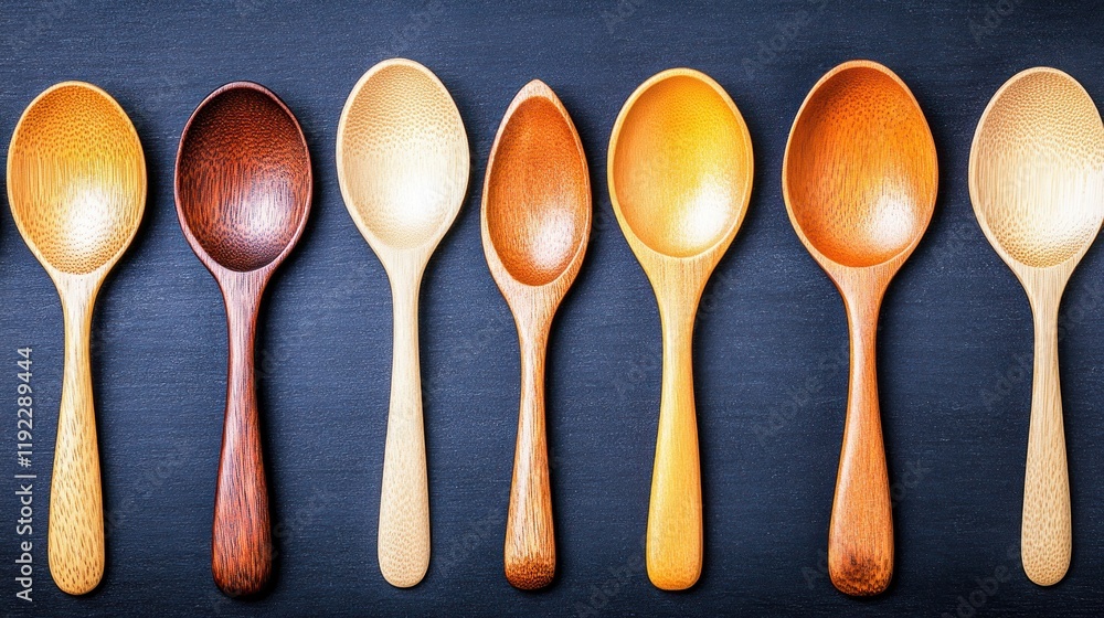 Eight wooden spoons in a row on dark background, showcasing various shapes, colors, and grains. Eight wooden spoons in a row on dark background, showcasing various shapes, colors, and grains.