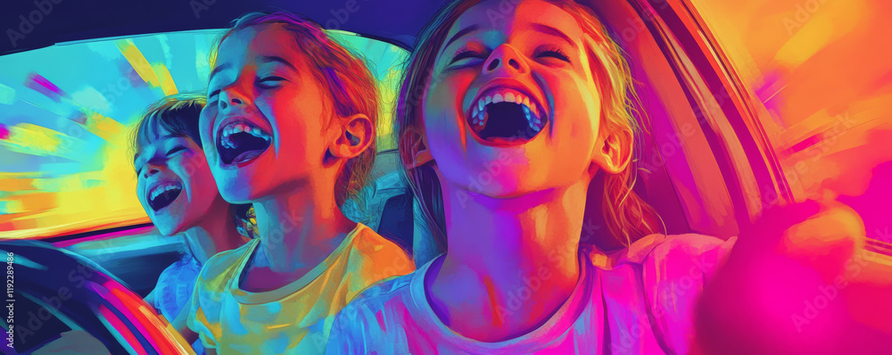 Fototapeta premium Three children joyfully singing along to music in colorful car, expressing happiness and excitement during fun road trip. Their laughter fills air as they enjoy moment