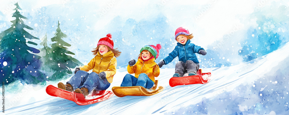 Cheerful children sledding down snowy hill, enjoying winter fun together. Their bright jackets and hats add color to snowy landscape, creating joyful scene