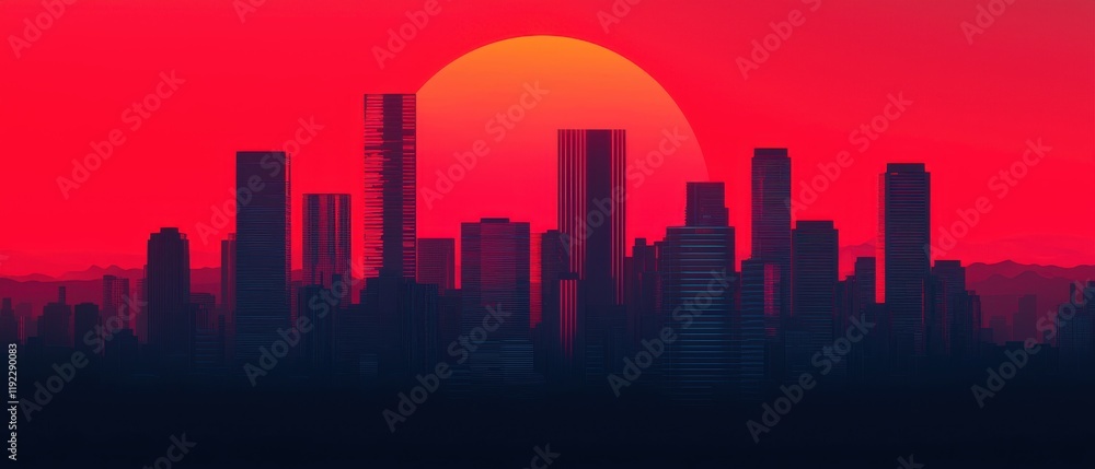 Vibrant sunset skyline with silhouetted skyscrapers against a red sky. Vibrant sunset skyline with silhouetted skyscrapers against a red sky.