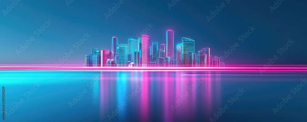 Fototapeta premium Vivid gradient idea. Vibrant city skyline at night with neon lights reflecting on water surface.