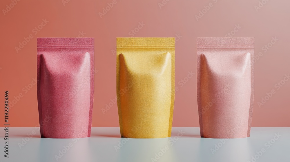 Three Metallic Stand Up Pouches Displayed In A Row