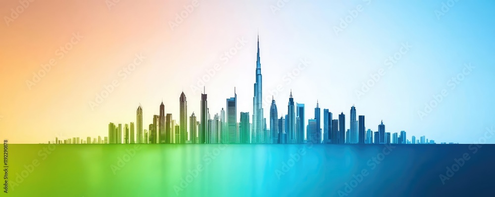 Obraz premium Vivid gradient idea. Modern skyline silhouette with a gradient sunset in vibrant colors.