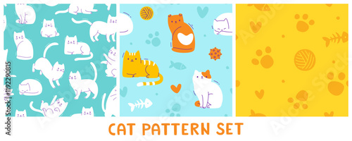 Cute cats pattern set. Seamless vector pet prints cartoon collection.