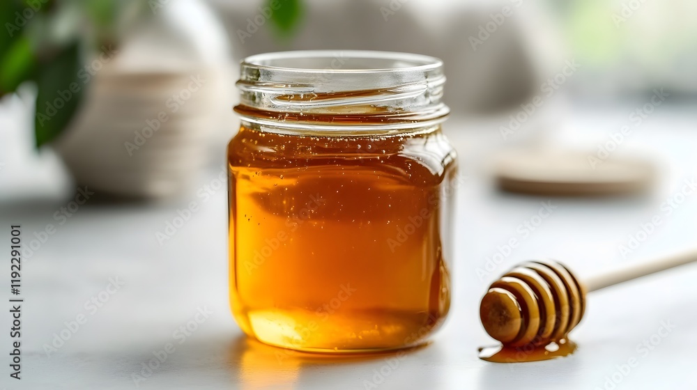 Pouring organic honey from a jar in a bright kitchen food photography natural light close-up view Pouring organic honey from a jar in a bright kitchen food photography natural light close-up view