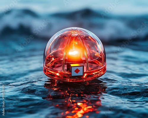 Tsunami warning ocean highlighting an emergency alarm system on the shore as towering waves loom in the background photo