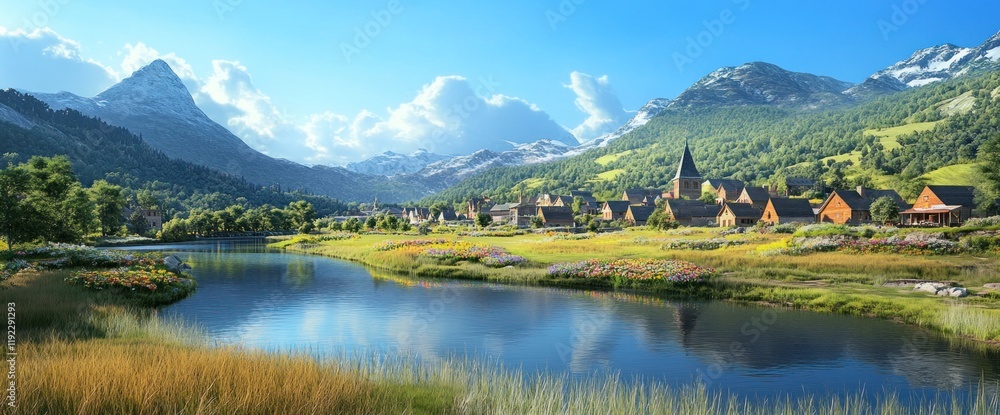 Fototapeta premium Idyllic mountain village nestled beside a tranquil lake, surrounded by lush greenery and majestic peaks under a vibrant sky.