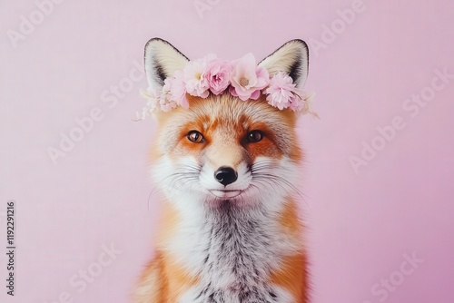Wallpaper Mural Adorable red fox wearing a delicate pink flower crown against a soft pink background. Perfect for spring or feminine themes. Torontodigital.ca