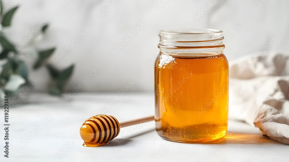 Honey jar with dipper on marble countertop food photography home kitchen bright and minimalistic design Honey jar with dipper on marble countertop food photography home kitchen bright and minimalistic design