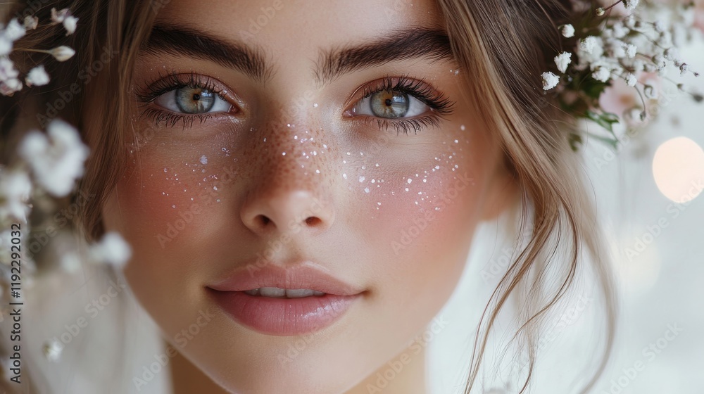 Woman with Flower Crown and Sparkling Makeup Woman with Flower Crown and Sparkling Makeup