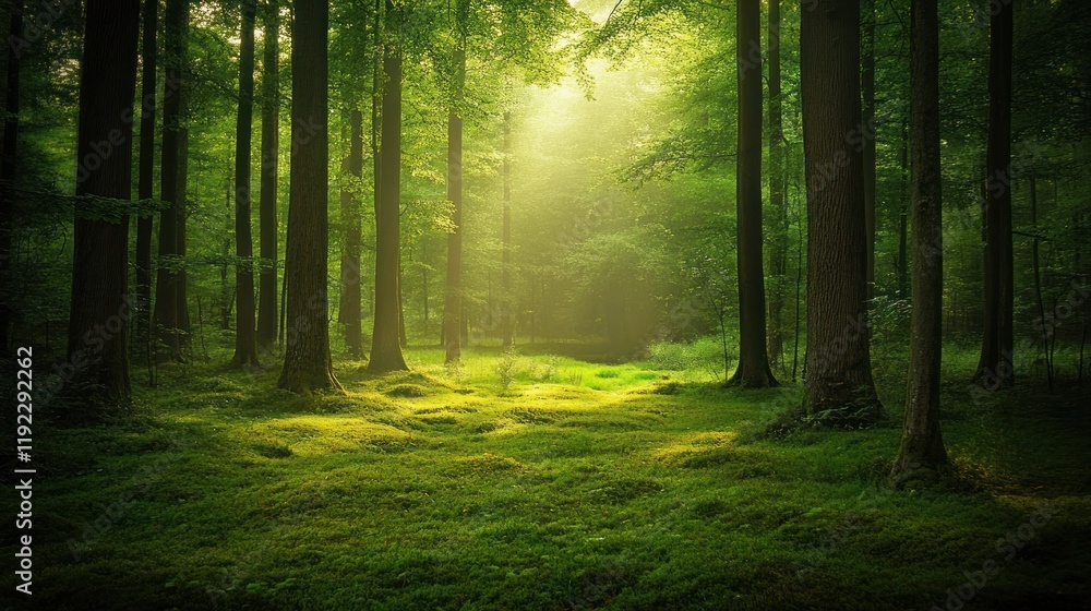 Fototapeta premium Sunbeams illuminate a lush, mossy forest floor.