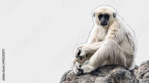 White gibbon sitting rock, zoo habitat, calm photo