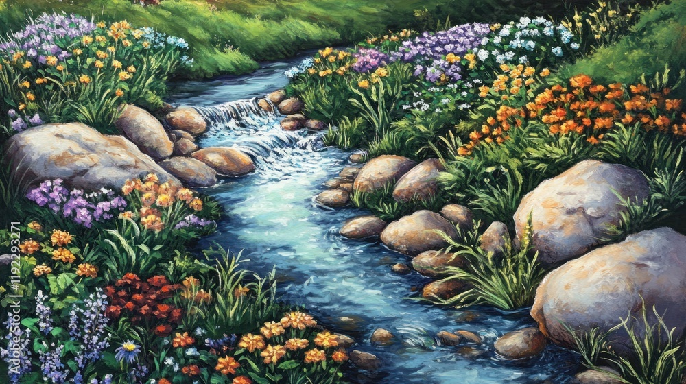 Serene stream flowing through vibrant wildflowers and rocks. Serene stream flowing through vibrant wildflowers and rocks.