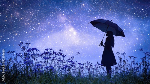 Starry Night Dreamscape: A Woman Under an Umbrella in a Field of Purple Flowers