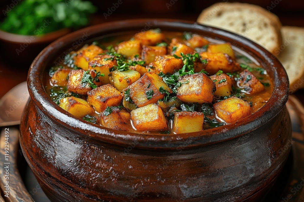 Delicious potato stew in a rustic clay pot, garnished with fresh herbs. Close-up shot highlighting the texture and rich color of the dish. Delicious potato stew in a rustic clay pot, garnished with fresh herbs. Close-up shot highlighting the texture and rich color of the dish.