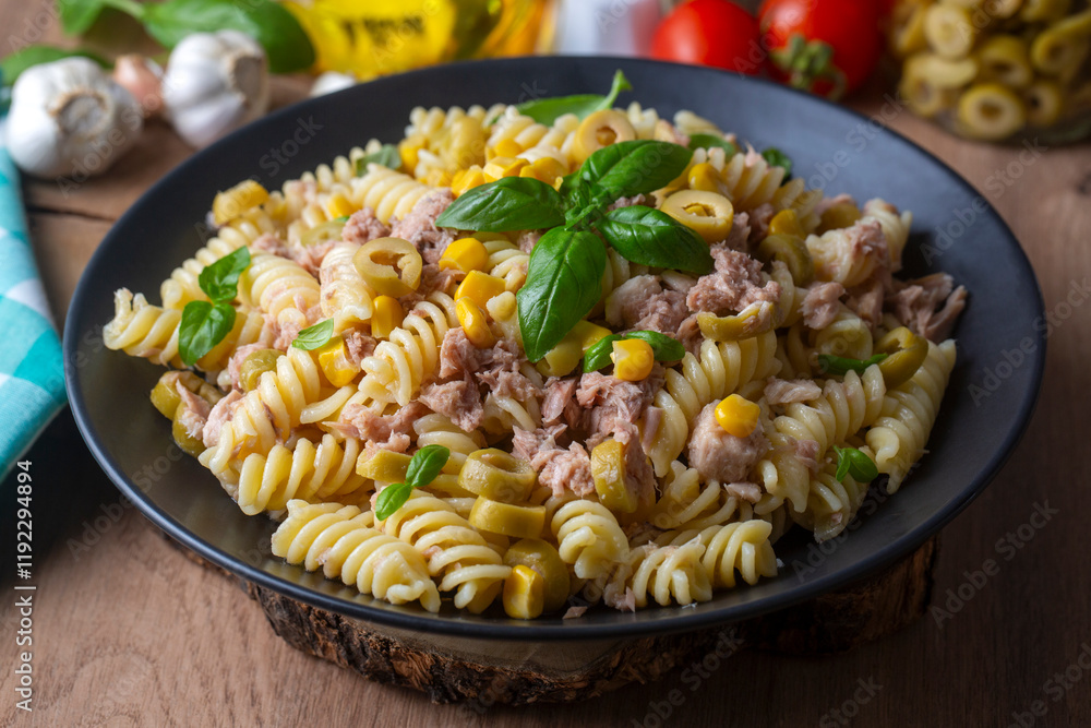 Fusilli pasta, spiral or spirali pasta with tuna fish