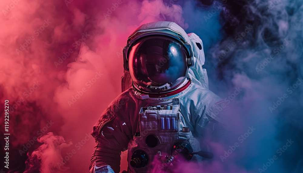 Astronaut in space helmet in the middle of colorful smoke Astronaut in space helmet in the middle of colorful smoke