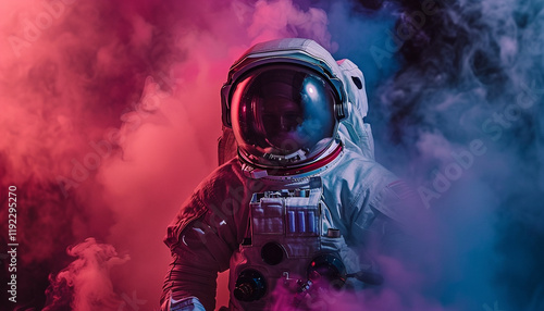 Astronaut in space helmet in the middle of colorful smoke photo