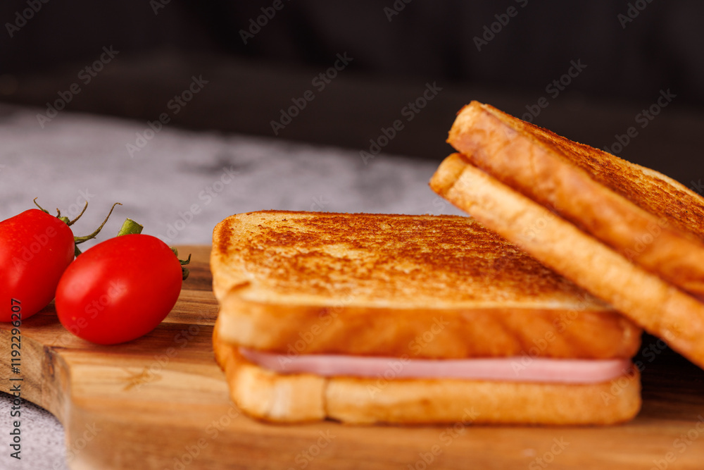 Appetizing Cheese and Ham Sandwiches with Tomatoes on a Black Concrete Surface Appetizing Cheese and Ham Sandwiches with Tomatoes on a Black Concrete Surface