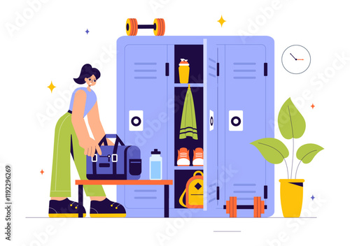 Gym Locker Room Vector Illustration Featuring Dressing Storage for Sports Teams with Fresh Dry Towels, Wardrobes, and Benches for Neat Uniform Changes