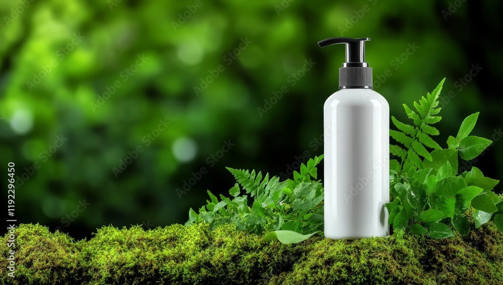 White Shampoo Bottle with Black Pump on Moss, Surrounded by Green Plants and Dark Background White Shampoo Bottle with Black Pump on Moss, Surrounded by Green Plants and Dark Background