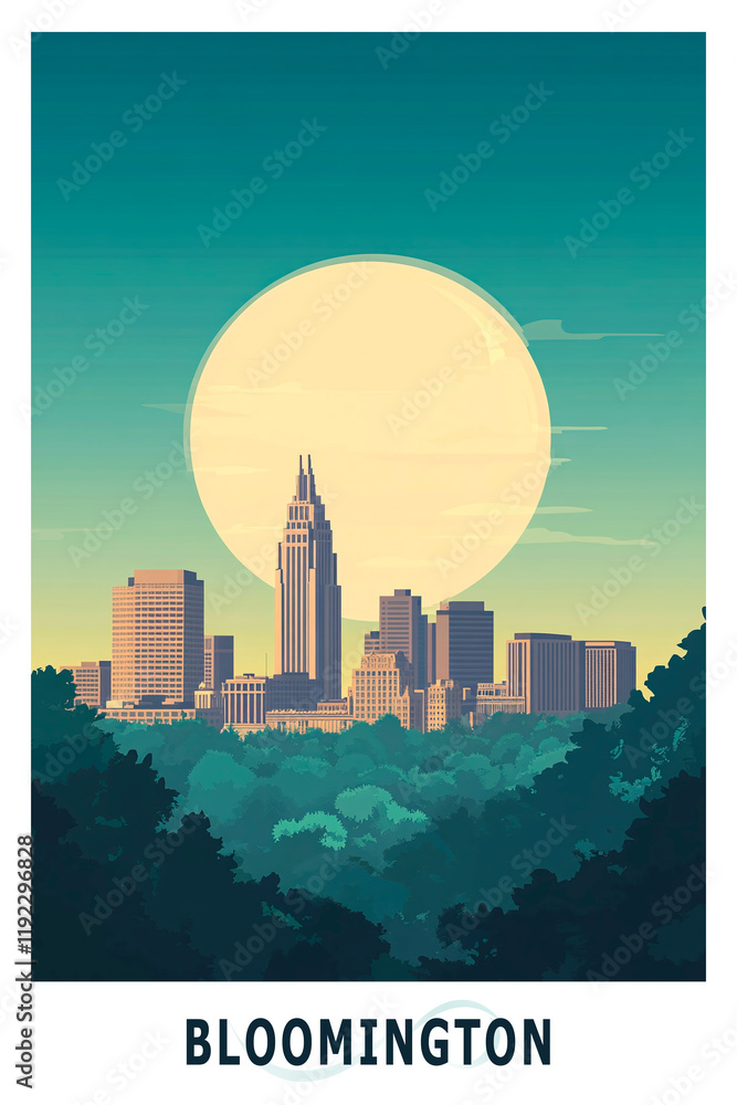 Obraz premium Bloomington USA, Indiana state illustrated poster in retro style. Vintage travel booklet, postcard, print, cover with scenic hills, skyline