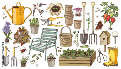 Gardening tools, plants and equipment