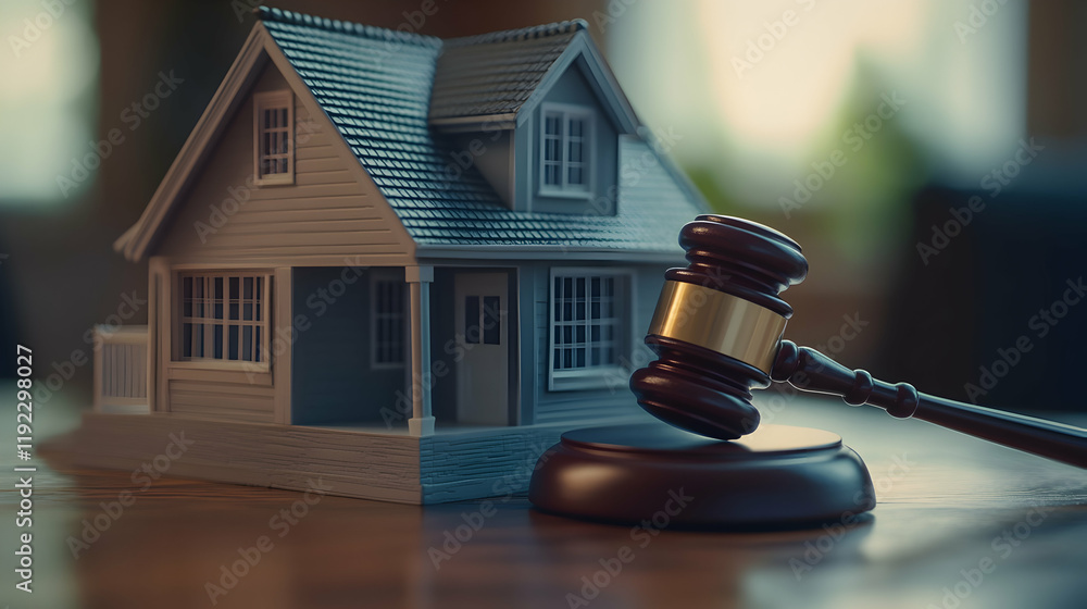 Gavel And House Model Depicting Property Auctions, Real Estate Transactions, And Legal Matters In The Housing Market. Generative AI Gavel And House Model Depicting Property Auctions, Real Estate Transactions, And Legal Matters In The Housing Market. Generative AI