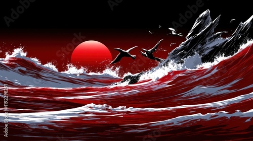 Red sunset over stormy ocean waves with birds flying near dark rocks.